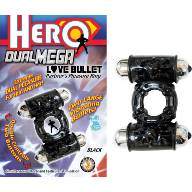 A sign displaying the Hero Dual Mega Love Bullet Black features a graphic of a rocket launching in space, surrounded by a circular frame with stars. Its waterproof design boasts a green background for longevity and style.