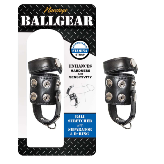 The Nasstoys-Ballgear Ball Stretcher with Separator & D-Ring in black is depicted through a creative illustration on a green and gray placeholder image, featuring the text "No Image" at the top. This design includes a rocket ascending amidst stars and enc