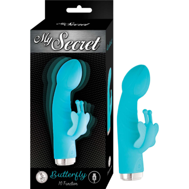 An aqua personal massager, crafted from body-safe silicone and shaped like a butterfly, is shown alongside its packaging. The box features the product's name, My Secret Butterfly-Aqua, and highlights its 10 functions and powerful vibrations.