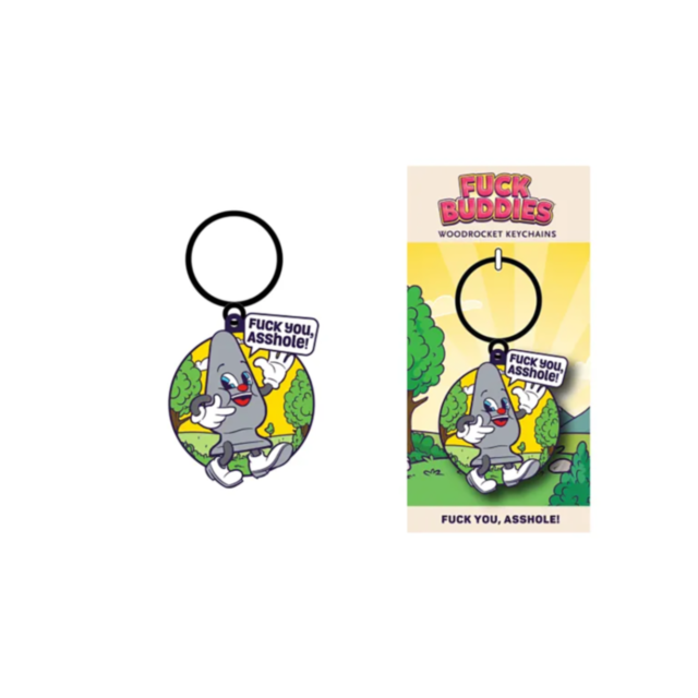 This enamel keychain, the Wood Rocket-Fuck Buddies-Fuck You, Asshole! Keychain, is a chic accessory showcasing a cartoon bird with a cheeky speech bubble. Its packaging boldly presents the same daring design, featuring the text "WoodRocket Fuck Buddies," 