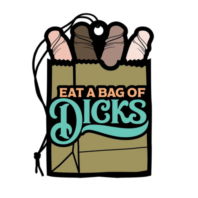 A humorous illustration of a brown paper bag with three cartoon sausages poking out, reminiscent of Wood Rocket's whimsical style, showcases bold lettering that reads “Eat A Bag Of Dicks.” This cheeky design is complemented by the unexpected allure of a b