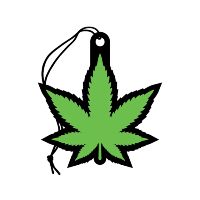 An illustration of the Wood Rocket-Air Freshener-Green Leaf, showcasing a green leaf design with a black outline and a string for hanging. The imagery captures the essence of a Fresh Forest Scent against a plain white backdrop.