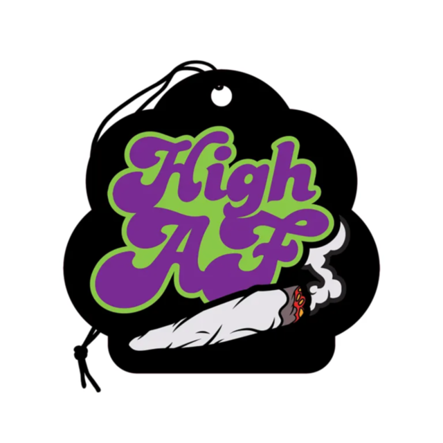 The Wood Rocket-Air Freshener-High AF is designed in the shape of a cloud and features the phrase "High AF" in vibrant purple and green letters. It emits a fresh mint scent and includes an illustration of a burning joint below the text, complete with a st