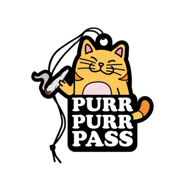 The Wood Rocket-Air Freshener-Purr Purr Pass showcases a cartoon image of a cheerful orange cat holding a joint, accompanied by the phrase "Purr Purr Pass" below. This whimsical air freshener comes with a string for easy hanging and releases a pleasant gr