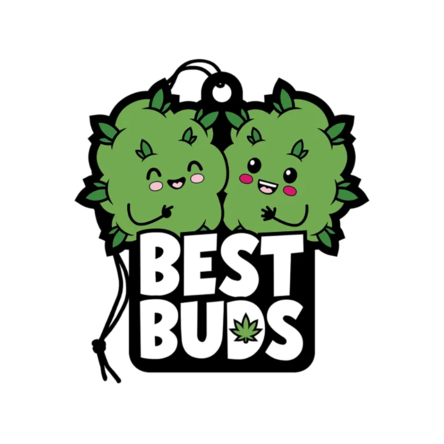 The Wood Rocket-Air Freshener-Best Buds features two cartoonish green bush characters with smiling faces standing together above the boldly written words "Best Buds." A tag hangs from one of the bushes, and a small leaf cleverly peeks inside the letter "D