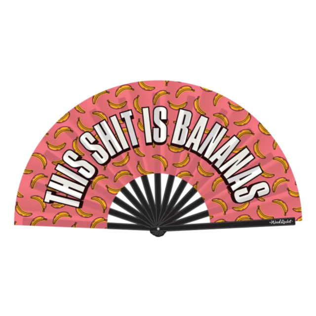 The Wood Rocket-This Shit Is Bananas Fan features a pink satin design with black bamboo ribs and the phrase THIS SHIT IS BANANAS in bold white lettering, complemented by small banana illustrations in the background.