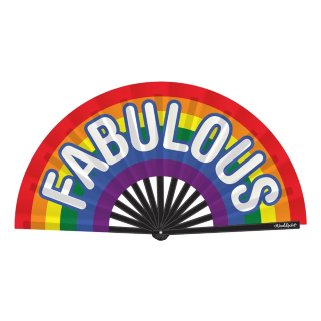Introducing the Wood Rocket-Fabulous Fan: a large folding hand fan made from premium satin, adorned with the word FABULOUS in bold white letters. Its lively rainbow design adds a festive and eye-catching element, making it ideal for any occasion.