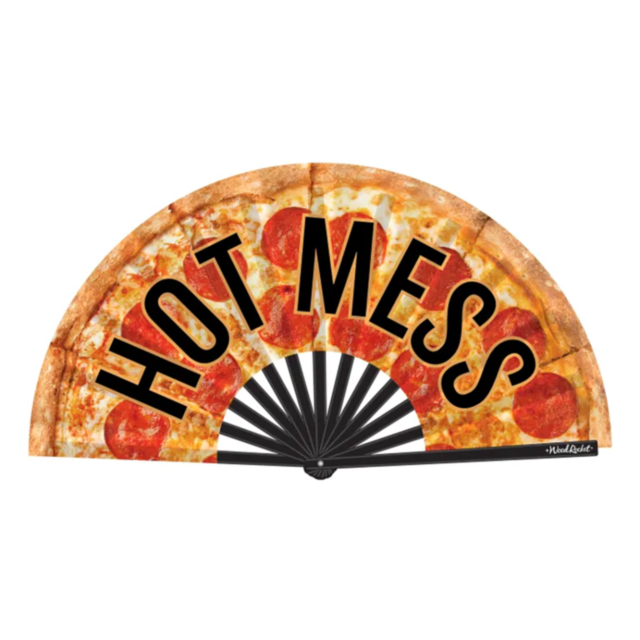 Introducing the Wood Rocket-Hot Mess Fan, a folding hand fan featuring a lively pepperoni pizza design with "HOT MESS" prominently displayed across the middle. This fan is made from smooth satin material and includes a sleek black handle for comfortable h