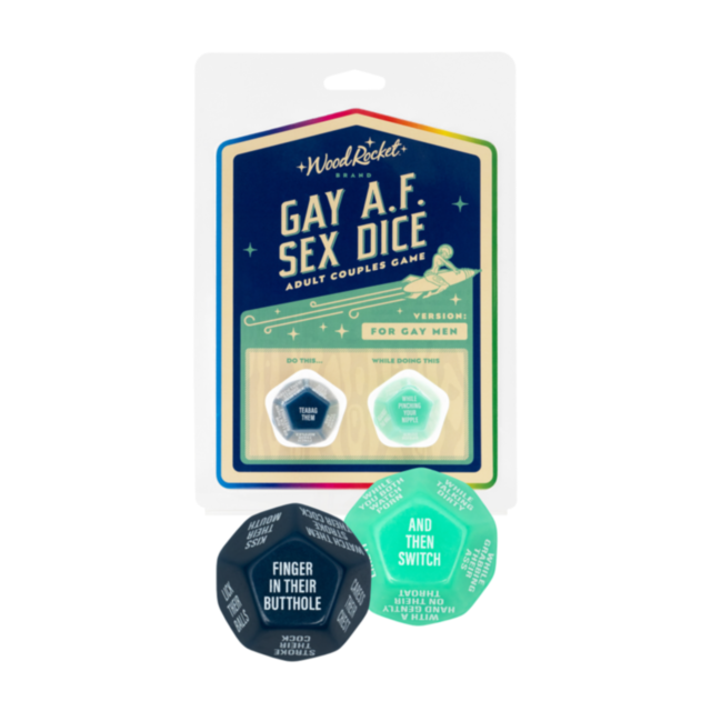 A package featuring the Wood Rocket-Gay AF Sex Dice-Gay Men adult couples game offers an exciting and playful experience for gay men. This set includes dice with a variety of exciting instructions for couples, all enclosed in packaging that boasts a color