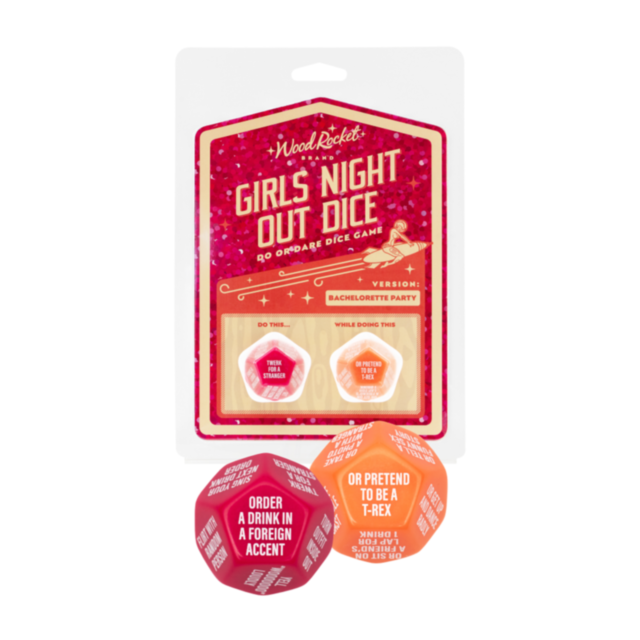 Introducing the Wood Rocket-Girls Night Out Dice-Bachelorette edition, perfect for your next bachelorette party. This playful game includes two colorful dice—one pink and one orange—featuring fun challenges like "Order a Drink in a Foreign Accent" and "Pr