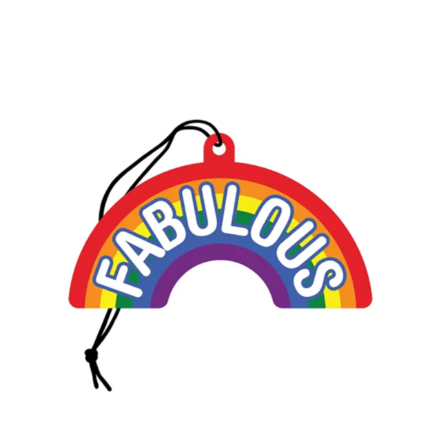 Introducing the Wood Rocket-Air Freshener-Fabulous: a vibrant rainbow-shaped keychain air freshener made from premium cardboard, adorned with stripes in red, orange, yellow, green, blue, and purple. The word "Fabulous" is prominently displayed in bold whi