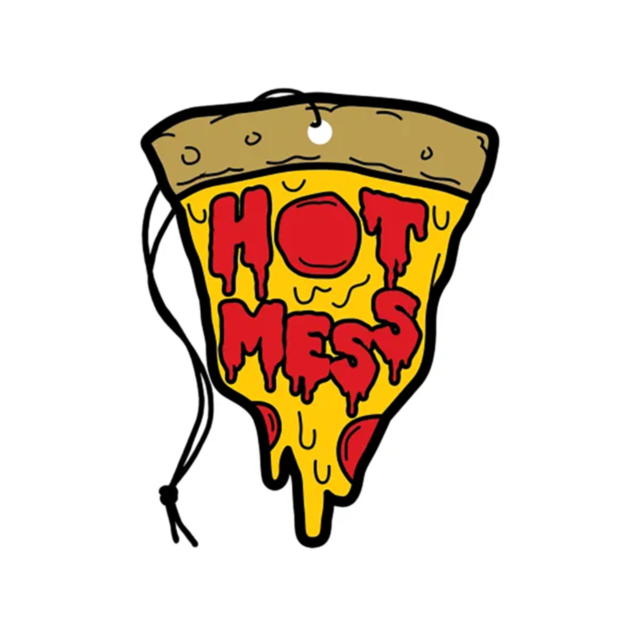 A depiction of a cheese-dripping pizza slice features the words "Hot Mess" in red on the cheese. A black string at the top suggests it's an air freshener or tag, evoking a subtle scent of pineapple as part of the Wood Rocket-Air Freshener-Hot Mess product