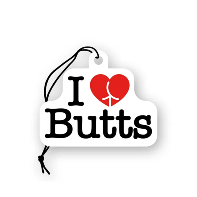 The Wood Rocket-Air Freshener-I Love Butts is a trendy car accessory that showcases bold black lettering saying "I ♥ Butts," with a heart symbol cleverly designed to resemble red buttocks. It is infused with a pleasing apple scent and comes with a black s