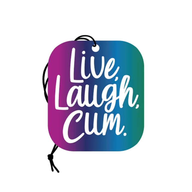 The Wood Rocket Air Freshener, named "Live, Love, Cum," is made from high-quality cardboard and displays playful white script text. It features a potpourri scent with a gradient background transitioning from purple to green to blue, and comes with a black