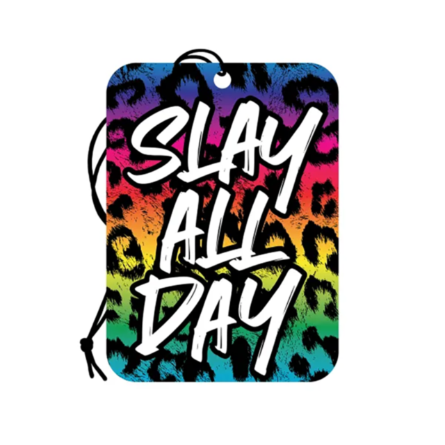 Introducing the Wood Rocket-Air Freshener-Slay All Day: a rectangular air freshener with a striking rainbow leopard print background and bold white "SLAY ALL DAY" text. Infused with a wild cherry scent, it comes with a black string for convenient hanging.