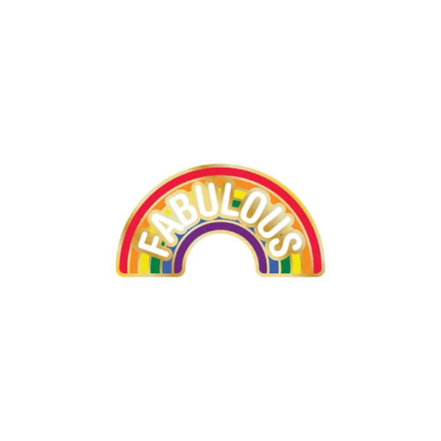 The Wood Rocket-Fabulous Pin is an exquisite enamel lapel pin designed in the shape of a rainbow, showcasing vibrant hues—red, orange, yellow, green, blue, and purple. The word FABULOUS appears prominently in bold white letters against a plain white backg