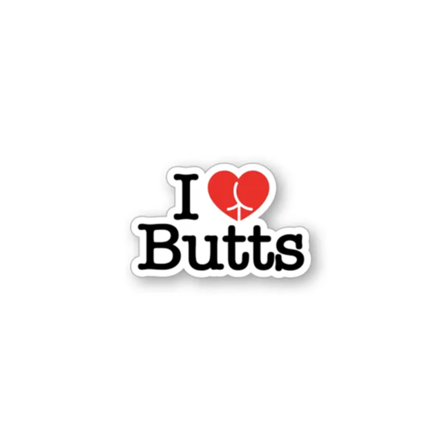 Introducing the Wood Rocket-I Love Butts Pin, featuring bold black letters "I ❤️ Butts" with a cleverly cracked heart resembling a buttock. Set against a clean white background, this pin makes the perfect gift.