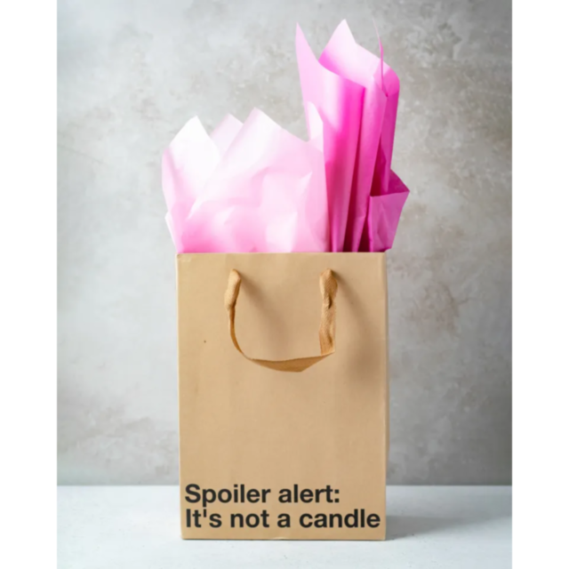 Against a neutral backdrop, the Wood Rocket-Not A Candle Bag sports pink tissue paper peeking out of its brown exterior. Its playful message, "Spoiler alert: It's not a candle," makes it an ideal snarky gift for your upcoming white elephant party.