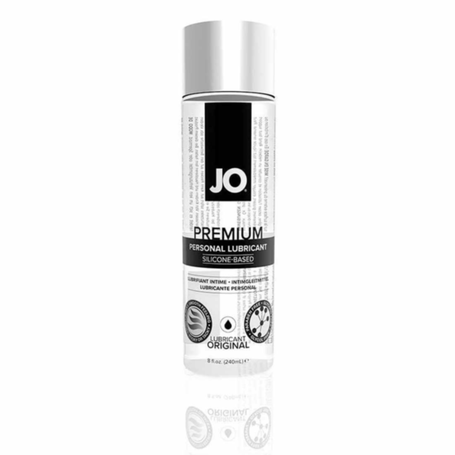 A graphic with a green background features a gray rocket, representing the Jo 8oz Personal Lubricant Premium, soaring around a celestial body among stars, accompanied by the text No Image above.