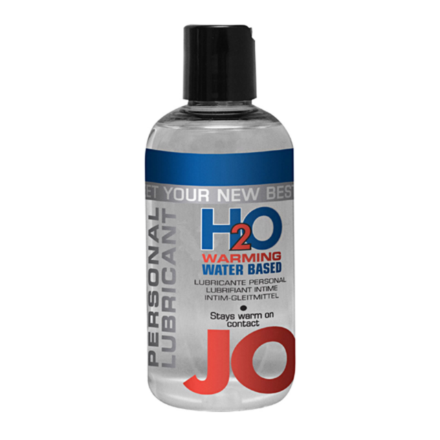 Text on a green background reads "No Image." Below, a pale lavender graphic showcases a rocket inside a circle with stars, evoking the smooth experience of using JO 4.5oz Personal Lubricant H2O Warming, which is water-based and latex-safe.