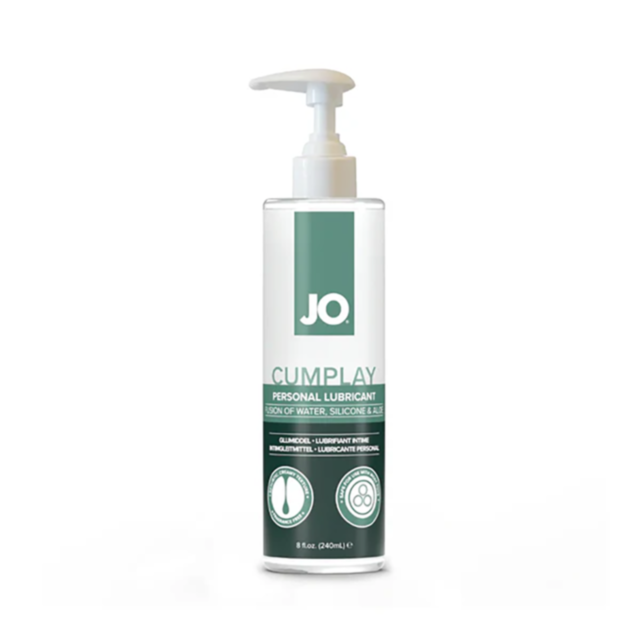 The image displays a pump dispenser bottle of JO Cumplay Personal Lubricant 8oz, featuring a mix of water, silicone, and oil-based ingredients highlighted on the label.