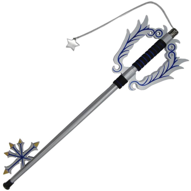 Redeemer of the Heartless Giant Metal Fantasy Key Sword with intricate blue and silver designs, featuring a star-shaped charm on a chain at the top and an ornate cross at the base. The handle is wrapped in black material, embodying the elegance of a Chain