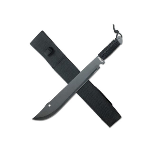 The Jungle Master - Machete - JM (BLACK) with a stainless steel blade and wrapped handle is placed diagonally over its matching black nylon sheath on a white background.
