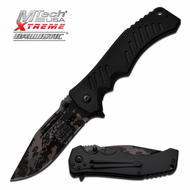 Green backdrop featuring the words "No Image" at the top. Below, an icon depicting a rocket and planet encircled by stars, capturing the sleek precision of an Mtech USA Xtreme Spring Assisted Knife.