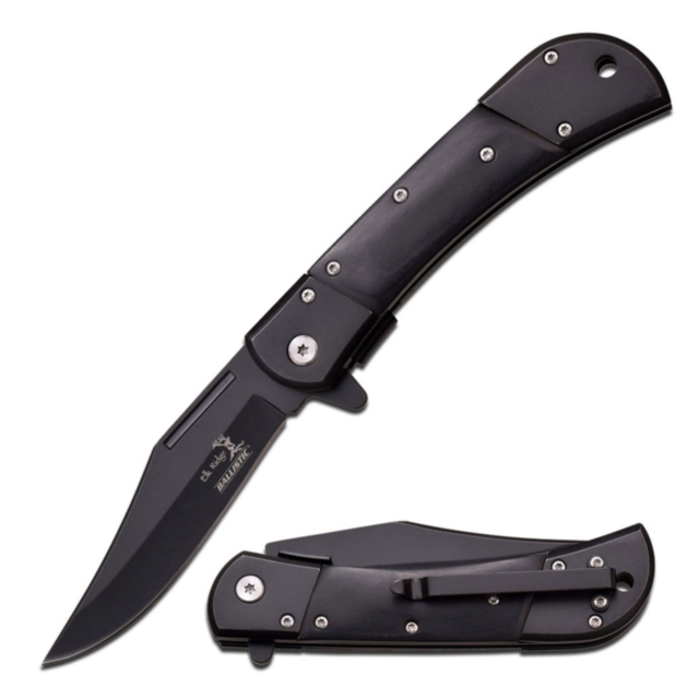 8.5in Spring Assisted Black Bowie Knife with Wood Handle