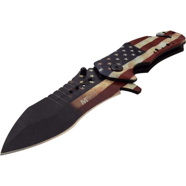 A background in green features a light gray rocket icon pointing upwards, designed to mimic the sharp edge of a 3Cr13 steel blade from the MTech USA Spring Assisted Knife. The rocket is encircled by a circular design with small stars, and above it, the te