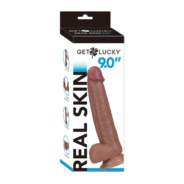 Experience a sense of adventure and fun with the Get Lucky 9in Dual Layer Dong in Light Brown, featuring a green graphic design that includes a stylized rocket ship and stars, topped with the text "No Image." Crafted to be waterproof for your enjoyment.