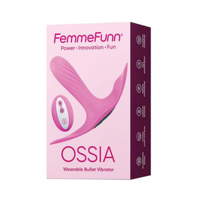 A pink background showcases a sleek, futuristic aesthetic with a white silhouette of a rocket inside a circle, surrounded by small stars. Above the circle, the text reads "FemmeFun-Ossia Wearable Vibrator-Pink." This design perfectly complements the water