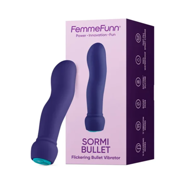 A dark purple FemmeFun-The Sormi Flickering Bullet, made from SOFTFEEL silicone, is presented next to its packaging. The box, prominently featuring the FemmeFunn logo and product name, is mainly colored in purple and pink, with one side displaying text ab