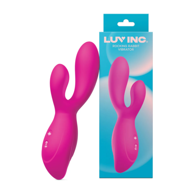 A pink Luv Inc-RR94 Rocking Rabbit Come Hither Motion vibrator, crafted from premium silicone, is shown beside its packaging. The predominantly blue box prominently displays the brand and product name. This elegant vibrator features multiple buttons and v