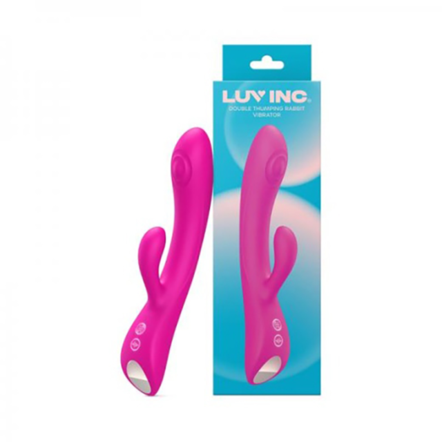 The image showcases the pink Luv Inc-DR42 Double Tapping Thumping Rabbit next to its packaging. Made from premium silicone, it features a smooth, curved design with a smaller side extension and provides 10 vibration modes. The box highlights the product i