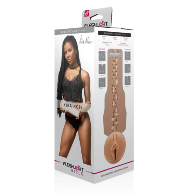 The Fleshlight Kira Noir Spellbound box features Kira Noir in black lingerie, a diagram of the toy, and highlights product details for fans of Fleshlight.