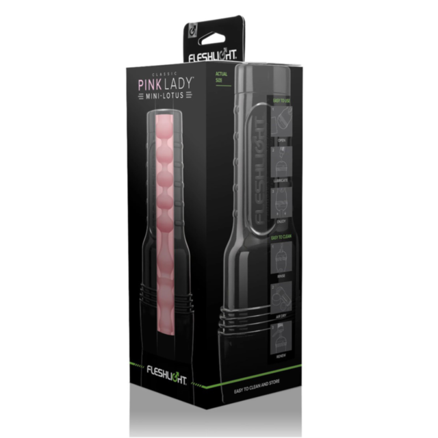 The illustration showcases a stylized design with a gray rocket adorned with circular windows, shooting upwards inside a circular border, surrounded by sparkles against a green backdrop. The text "Fleshlight Mini Pink Lady Lotus" at the top amplifies the 