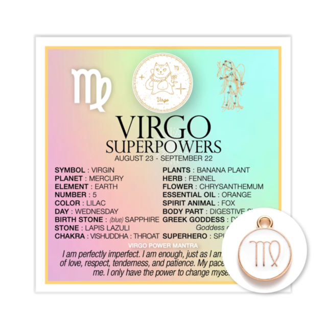 An infographic titled "Zodiac Virgo Card w Charm" highlights a Virgo symbol, along with its traits, plants, herb, flower, color, day, birthday stone, powers, challenge, and power mantra. It is adorned with icons of a cat surrounded by stars and constellat