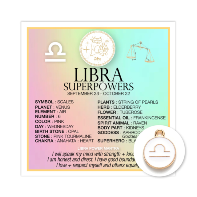 Image showcasing the Zodiac Libra Card w Charm on a pastel gradient background, embellished with a zodiac charm. It features symbols, personality traits, element, color, compatibility, healing crystal, plant, flower, essential oil, and mantra associated w