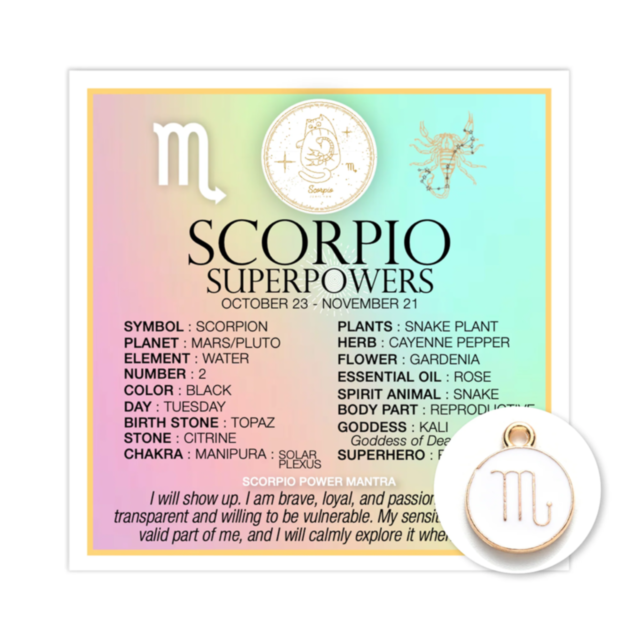 A vibrant depiction of Scorpio's superpowers is elegantly captured in the Zodiac Scorpio Card w Charm, featuring iconic symbols such as Mars/Pluto, water, diabetes, meditation, topaz, snake plant, cayenne pepper, clove, snake, frog. The illustration is co