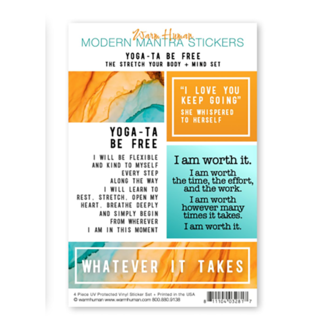 Introducing the Yoga-ta Be Free 5pc Sticker Set, a vibrant collection designed to inspire positivity and self-worth. Featuring empowering phrases like "Yoga-ta Be Free" and "Keep going," these stickers are perfect for those seeking daily affirmations with