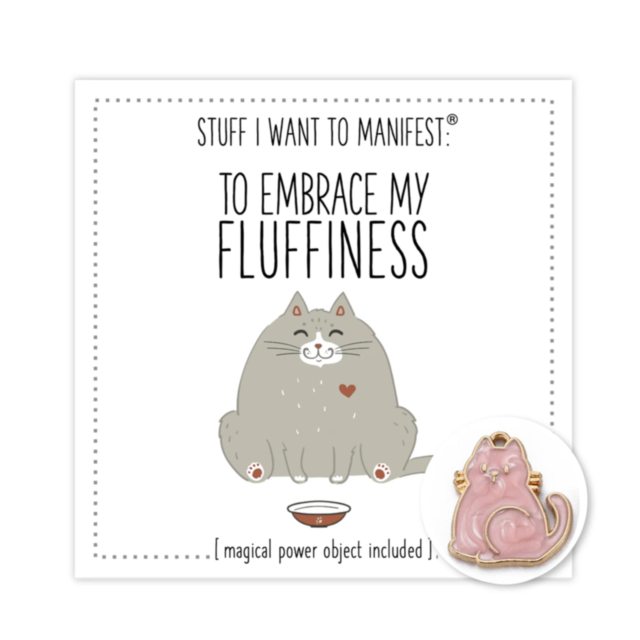 The image displays the "To Embrace My Fluffiness Card w Charm," featuring a gray, fluffy cat sitting next to a bowl with the caption "To Embrace My Fluffiness." Accompanying it is a charming pink, cat-shaped magnet, perfect for enhancing your vision board