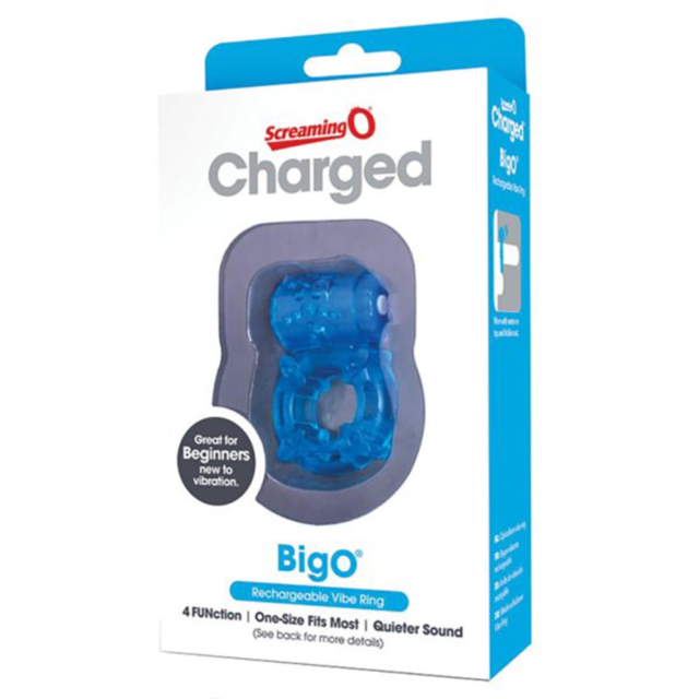 Graphic with a green background featuring a light gray rocket icon encircled by stars and a planet, complemented by the text "Charged Big O-Blue," alluding to the launch of new dimensions in pleasure with clitoral stimulation.
