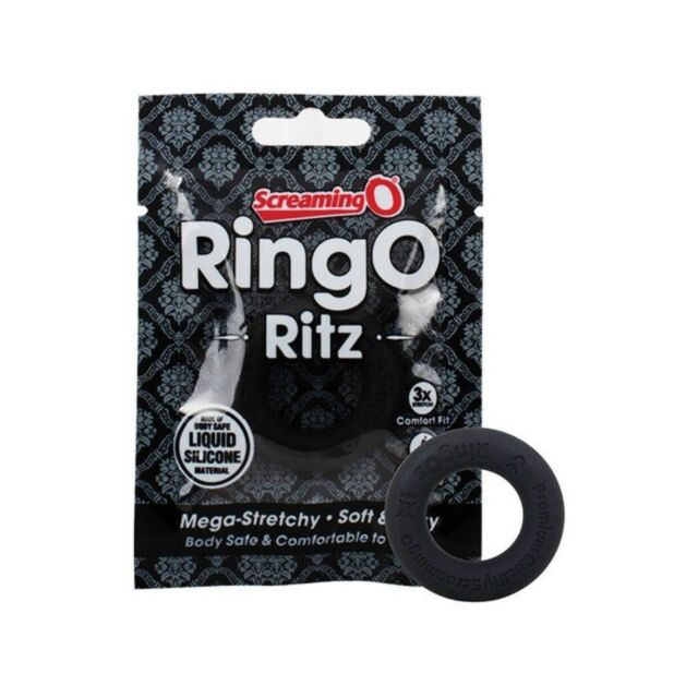 The RingO Ritz Black features a space-themed icon with a rocket encased in a circle, surrounded by stars, all set against a lush green background. The words "No Image" appear above, evoking the body-safe appeal similar to liquid silicone designs.