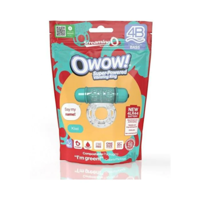 A stylized rocket icon in gray is set against a green background, encircled by a starry design. The words "Screaming O 4B OWow-Kiwi" appear at the top in large gray letters, evoking the deep rumbling bass vibrations of a futuristic journey.