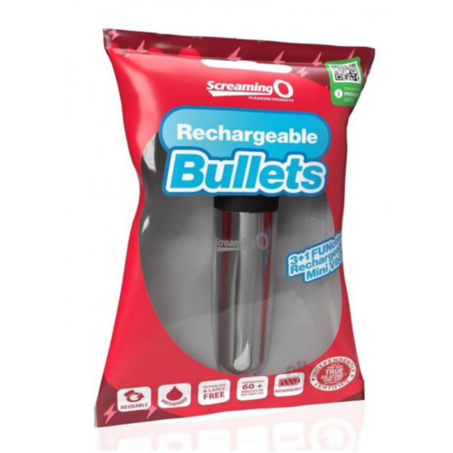 The placeholder image, featuring a silver rocket icon inside a circle against a green background and surrounded by stars, captures the essence of deep rumbling vibrations. Above this graphic, the text "Screaming O Rechargeable Bullet-Silver" is displayed 