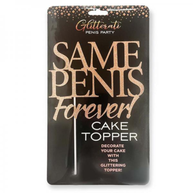 The Glitterati Same Penis Forever Cake Topper, featuring a white rocket ship graphic surrounded by stars and soaring through a circle on a rose gold background with the text No Image at the top, adds an elegant touch reminiscent of a bachelorette party.