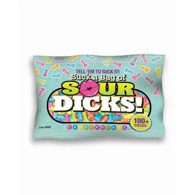 A playful green backdrop highlights a gray rocket logo surrounded by stars, reminiscent of an adventurous launch. At the top, "No Image" is printed in gray. This cheeky gift, Suck a Bag of Sour Dicks 3oz, conjures images of vibrant fruit-flavored candies 