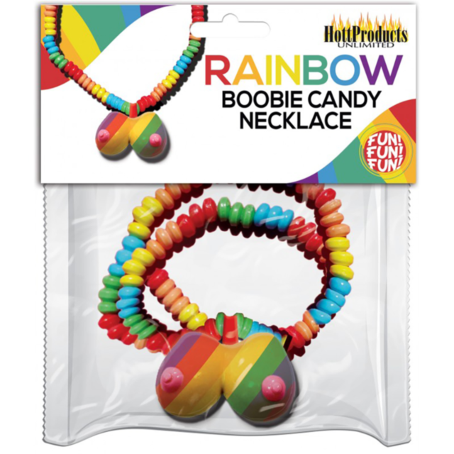 A dynamic design in eye-catching colors showcases a white rocket icon surrounded by stars, with the words "No Image" above it, capturing the playful essence of the Rainbow Boobie Candy Necklace.