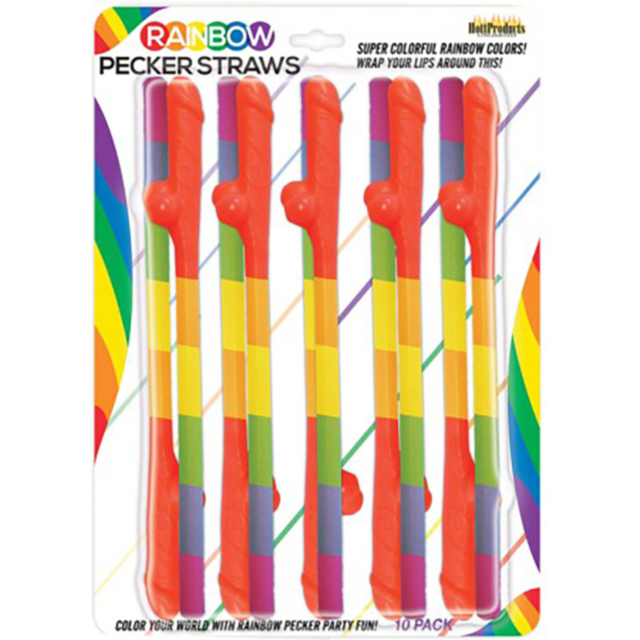 A set of ten rainbow-striped novelty straws with a playful design, ideal for party favors. The packaging features vibrant graphics and bold text showcasing the Rainbow Pecker Straws 10pk, crafted to enhance party enjoyment.
